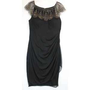 DJ-Jaz Gold Embellished Drape Evening Dress Women 8 Sheer Lined Skirt Black